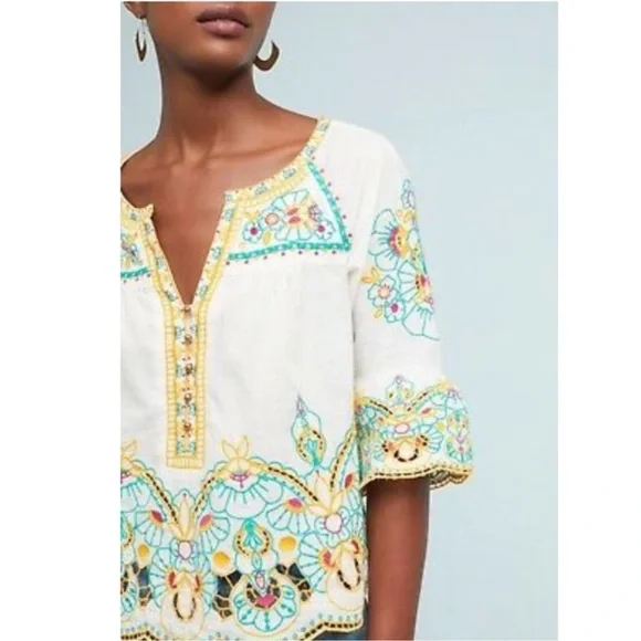 ANTHROPOLOGIE AKEMI + KIN Bisbee Embroidered Top White Yellow Women’s Size 4 - Picture 3 of 10